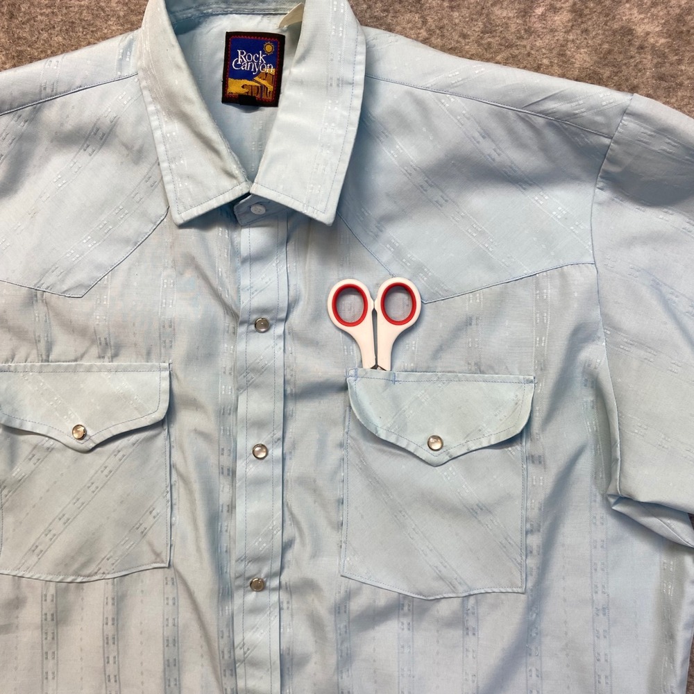 Rock Canyon Western Snap Shirt Mens 16.5 Light Blue Vintage Dobby Stripe Short - Picture 3 of 8